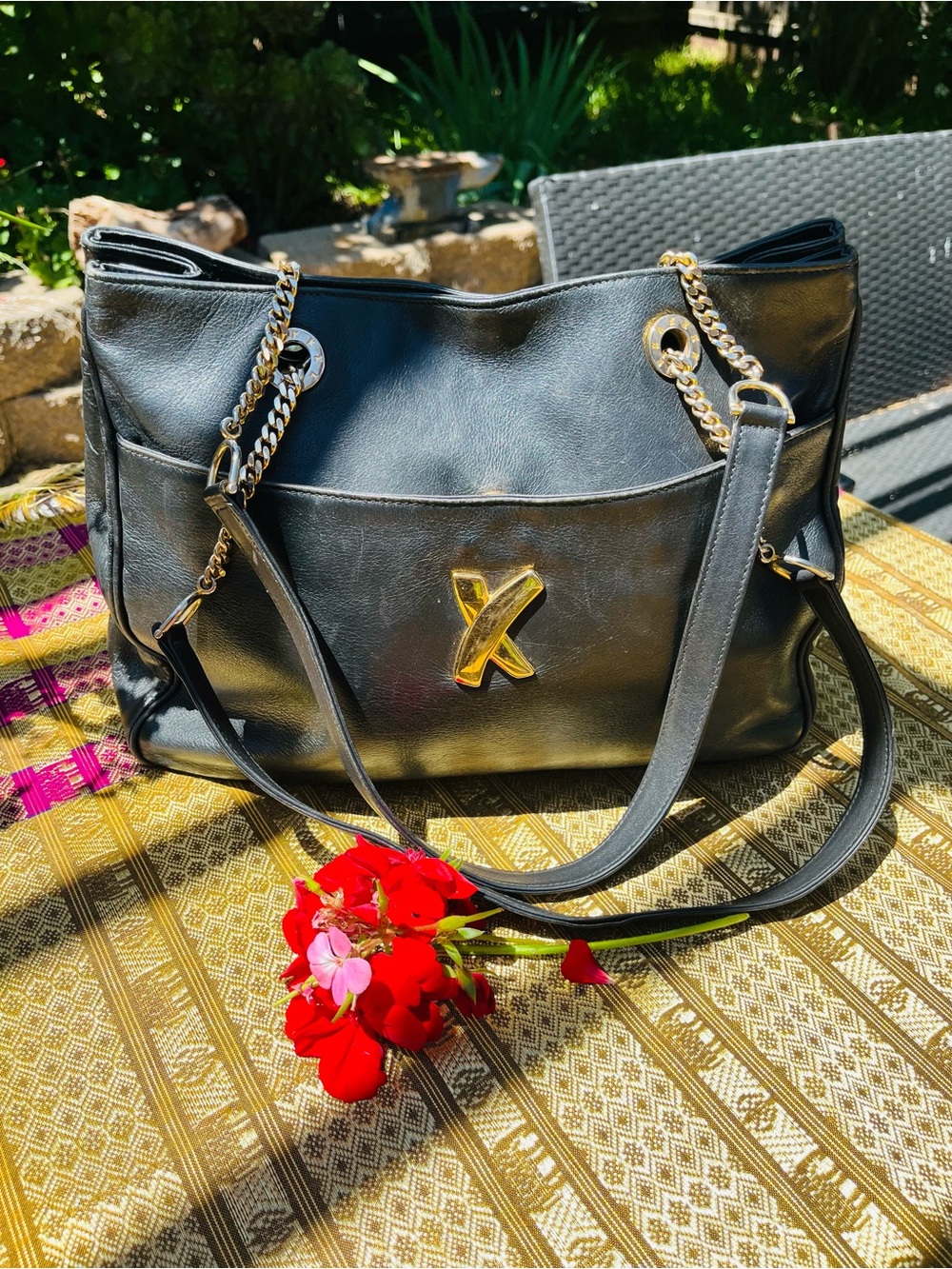 Paloma Picasso Black Leather Shoulder Bag with Gold Hardware